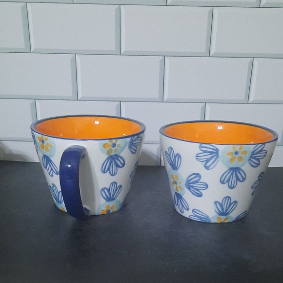 4 Pc Blue and Orange Baum Cara Pattern Floral Ceramic Mugs - Picture 6 of 6
